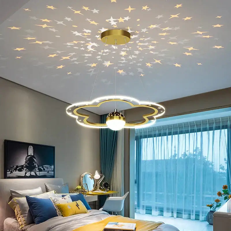 DecorBites led star chandelier cloud-shaped ceiling light with gold frame and glowing LED for kids bedroom and study room