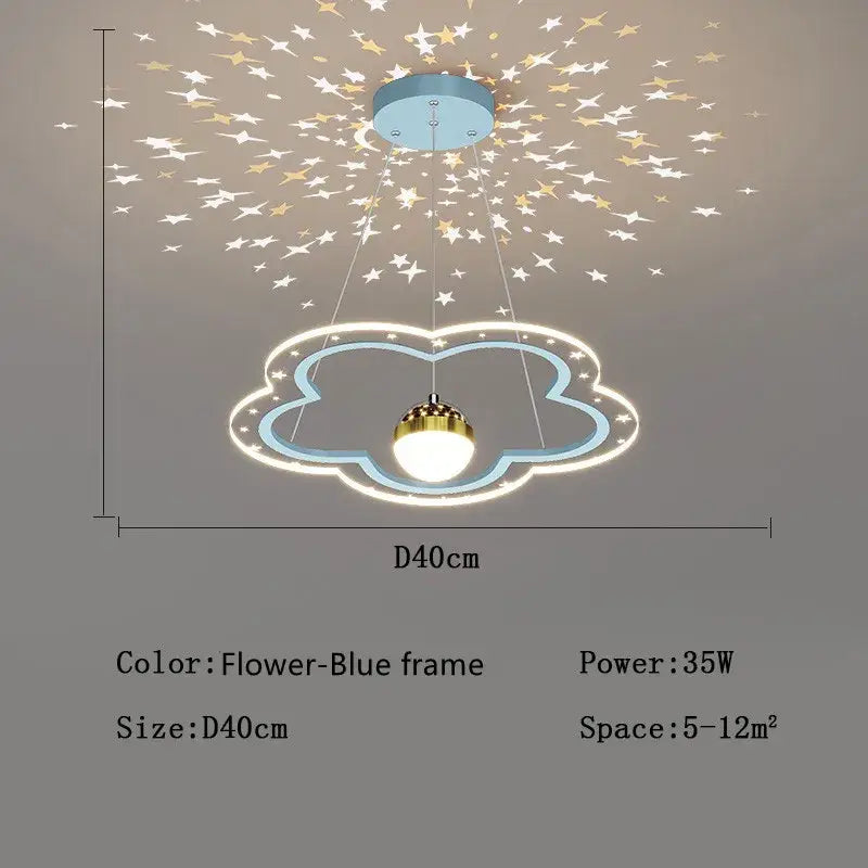 DecorBites led star chandelier featuring a flower-blue cloud shape with glowing gold bulb and starry projection for kids rooms