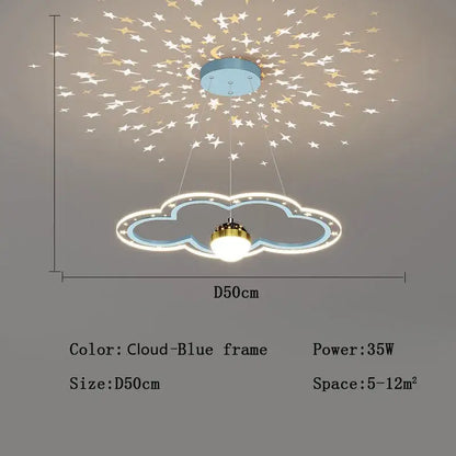 Decorbites led star chandelier with cloud-shaped blue frame and glowing white leds featuring golden bulb and star patterns