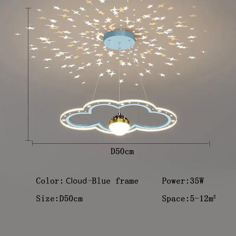 Decorbites led star chandelier with cloud-shaped blue frame and glowing white leds featuring golden bulb and star patterns