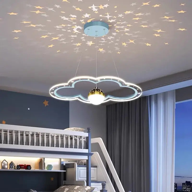 Decorbites led star chandelier cloud-shaped ceiling light with glowing gold bulb and blue led trim casting starry patterns