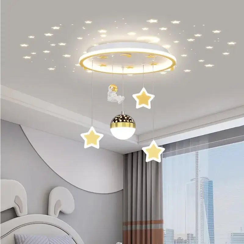 Round decorbites led star chandelier with gold white accents starry night effect and hanging stars astronaut figure for kids room