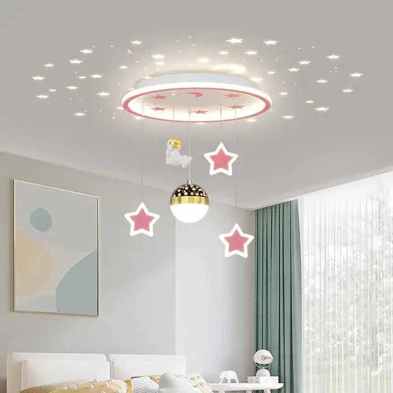 Decorbites led star chandelier with white and pink rim and hanging pink and gold star decorations for kids room lighting