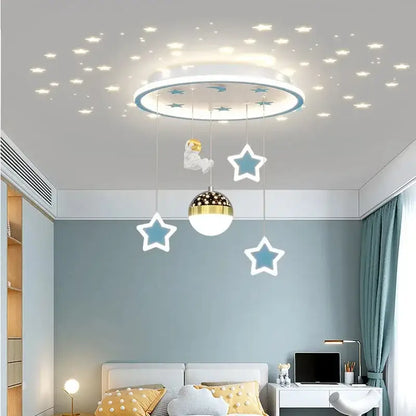 Circular decorbites led star chandelier with white and blue rim, hanging blue and gold star ornaments, central spherical lamp for kids room