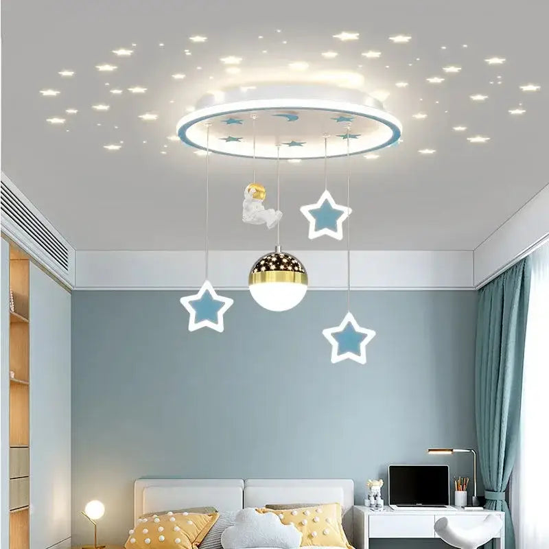 Circular decorbites led star chandelier with white and blue rim, hanging blue and gold star ornaments, central spherical lamp for kids room