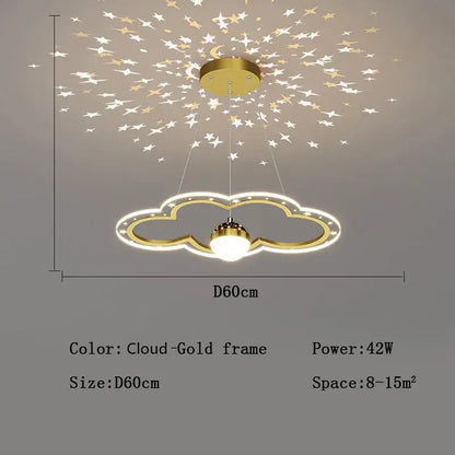A decorbites led star chandelier cloud-shaped ceiling light with a gold frame and illuminated edges casting starry patterns