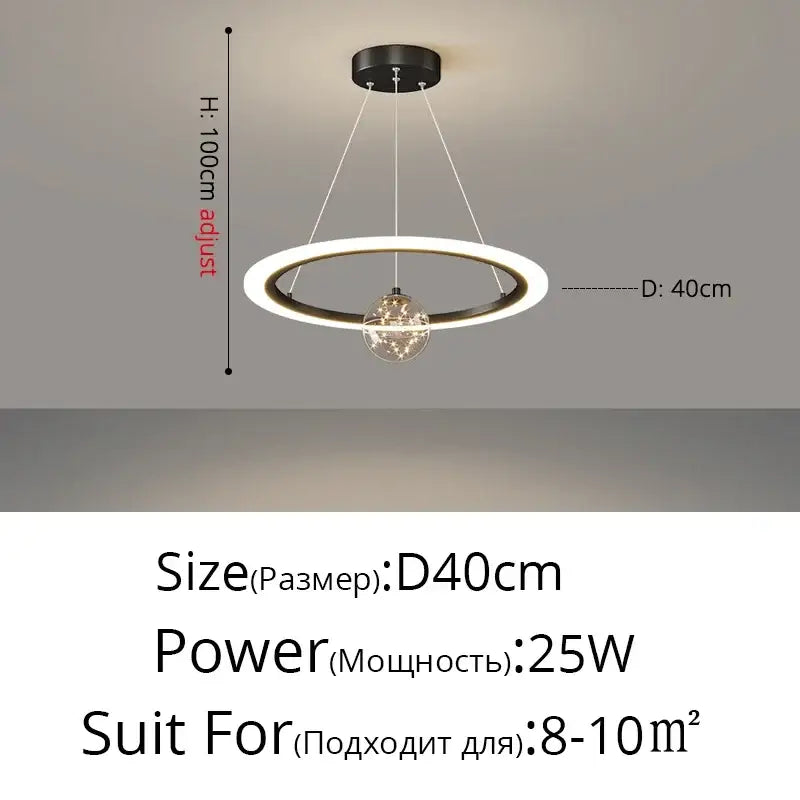Modern black and white circular pendant led star chandelier with a central crystal globe by DecorBites LED Star