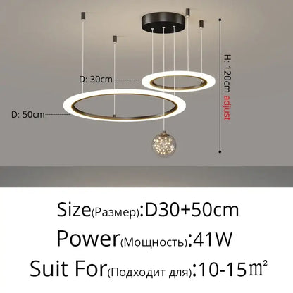 Modern minimalist decorbites led star chandelier with two warm white led rings and hanging crystal sphere from black mount
