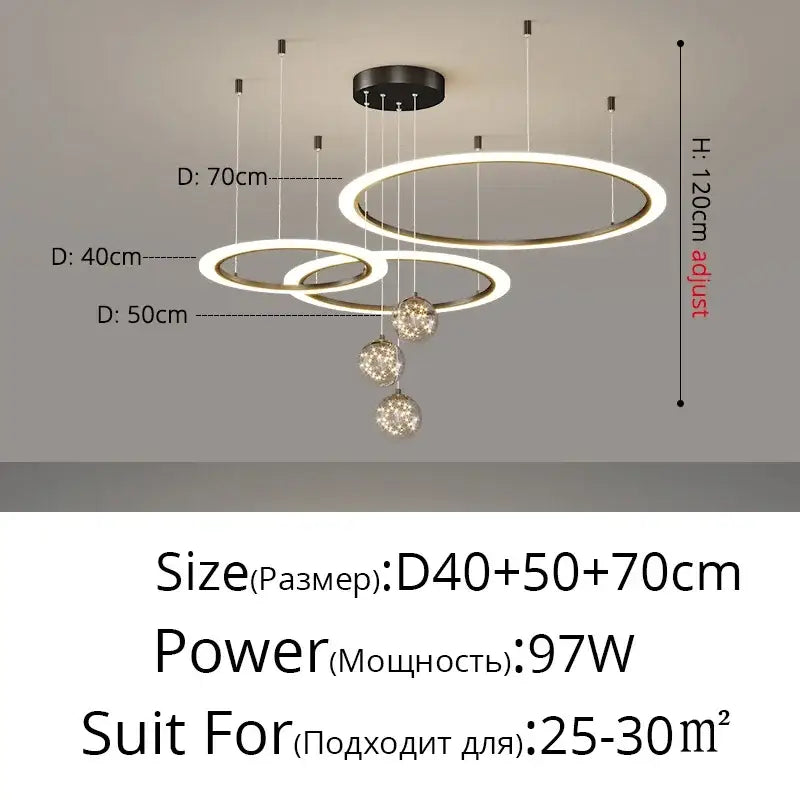 Modern tiered decorbites led star chandelier with three white rings and crystal spheres for contemporary interiors
