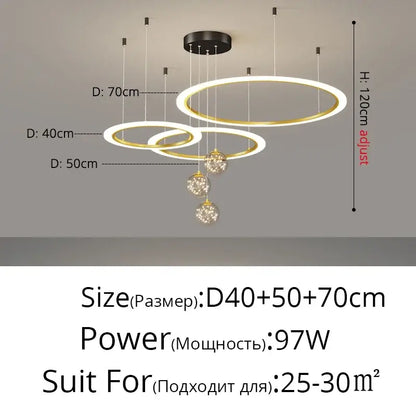 Modern tiered decorbites led star chandeliers with gold and white rings and crystal spheres for living room lighting