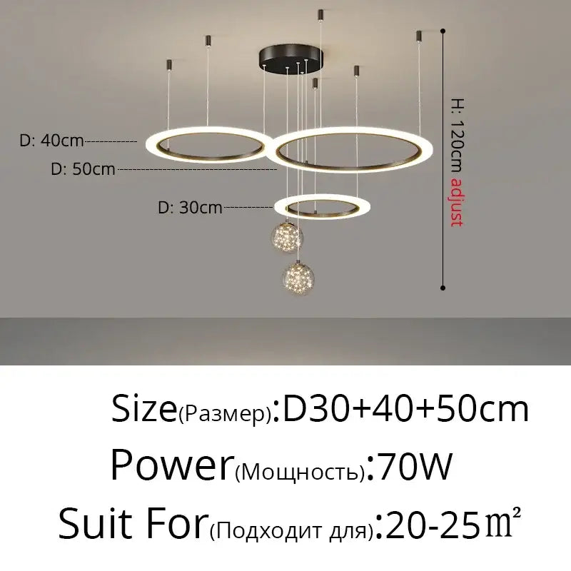 Modern black decorbites led star chandeliers pendant light with three adjustable rings and hanging crystal spheres for decor