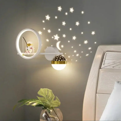 White circular decorbites led star wall sconce with gold trim and dimmable star wall light effect for children’s rooms
