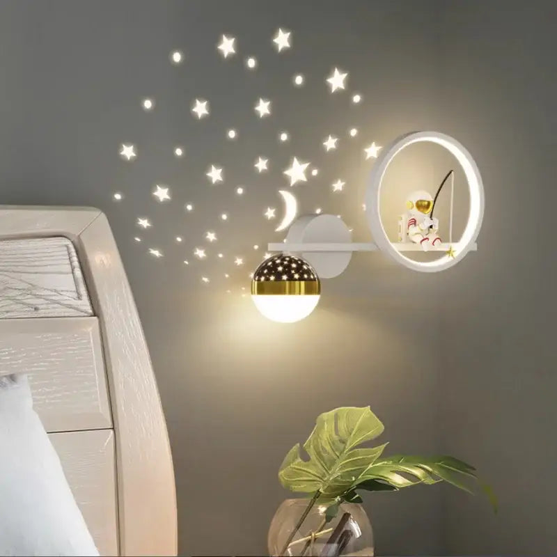 Decorbites led star modern white and gold led star wall light with spherical star-patterned shade and astronaut figurine shelf