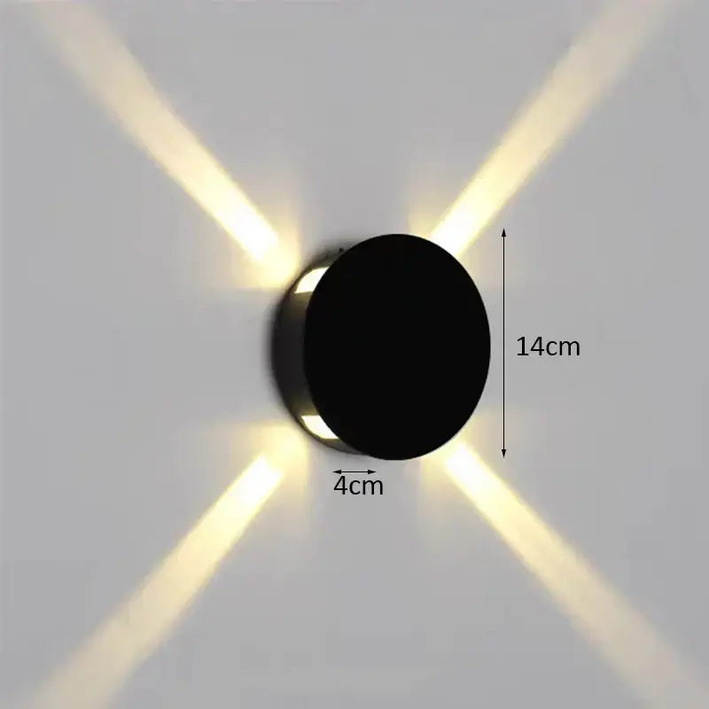 Black circular decorbites led starlight wall lamp with four warm white radiant beams for garden and home use