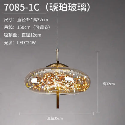 A modern brass and glass decorbites led starry pendant light with golden led starry sky fairy lights for luxury living rooms