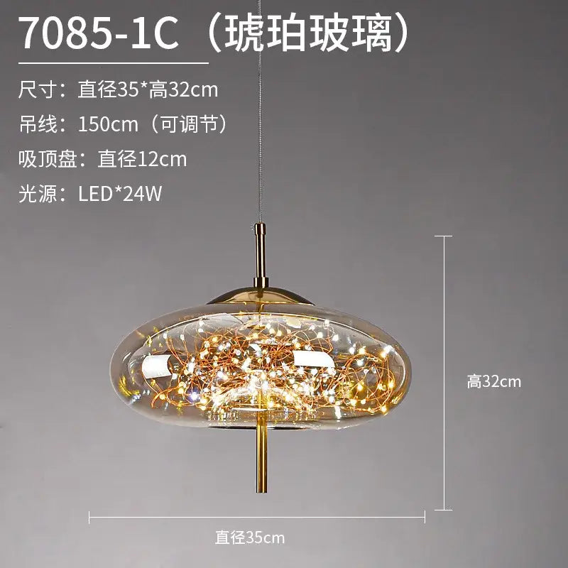 A modern brass and glass decorbites led starry pendant light with golden led starry sky fairy lights for luxury living rooms