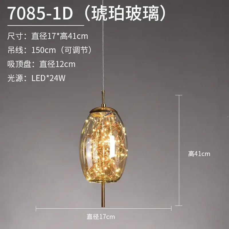 DecorBites™ LED starry sky pendant lights with warm golden frosted glass globe and brass chain for luxury living rooms