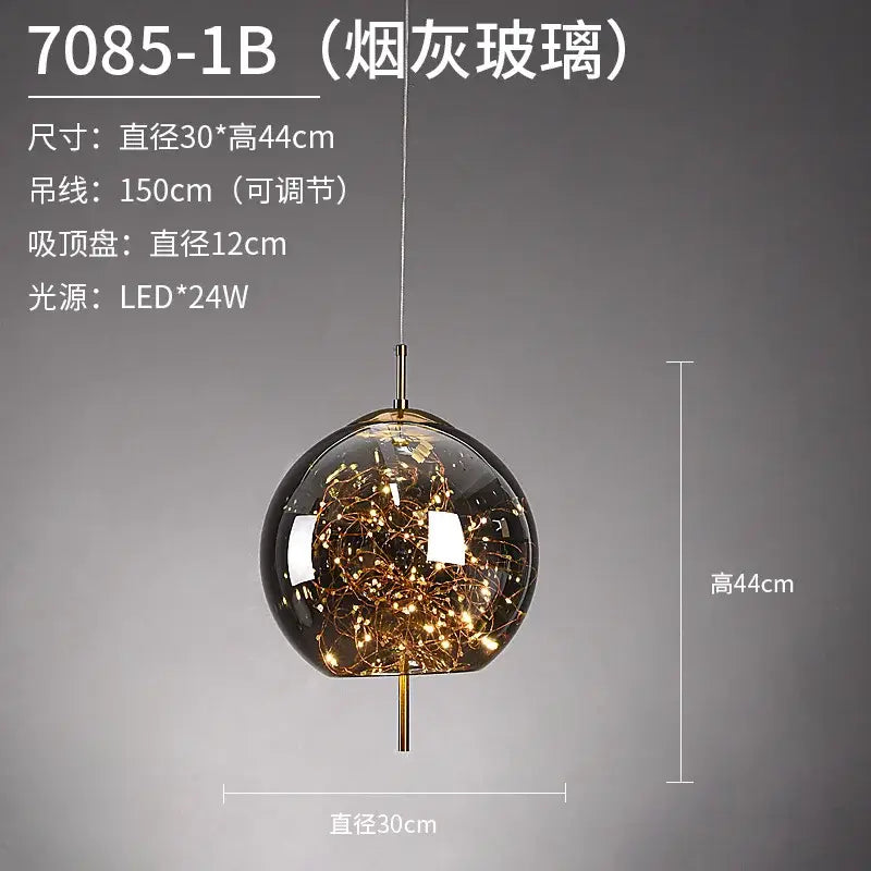 A spherical decorbites led starry pendant light with smoky glass globe and golden led starry sky fairy lights suspended by brass chain