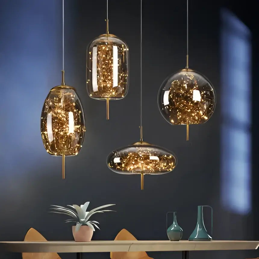 Golden glass decorbites led starry pendant lights with embedded fairy lights for luxury living room decor