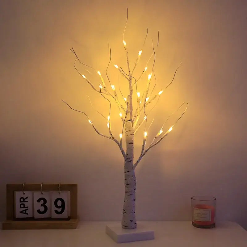 Decorbites led starry tree table lamp with warm white led lights faux birch bark finish on square base