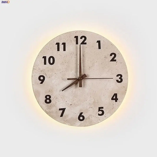 DecorBites™ LED stone clock wall lamp sconce with rounded concrete clock wall lamp and warm yellow backlight