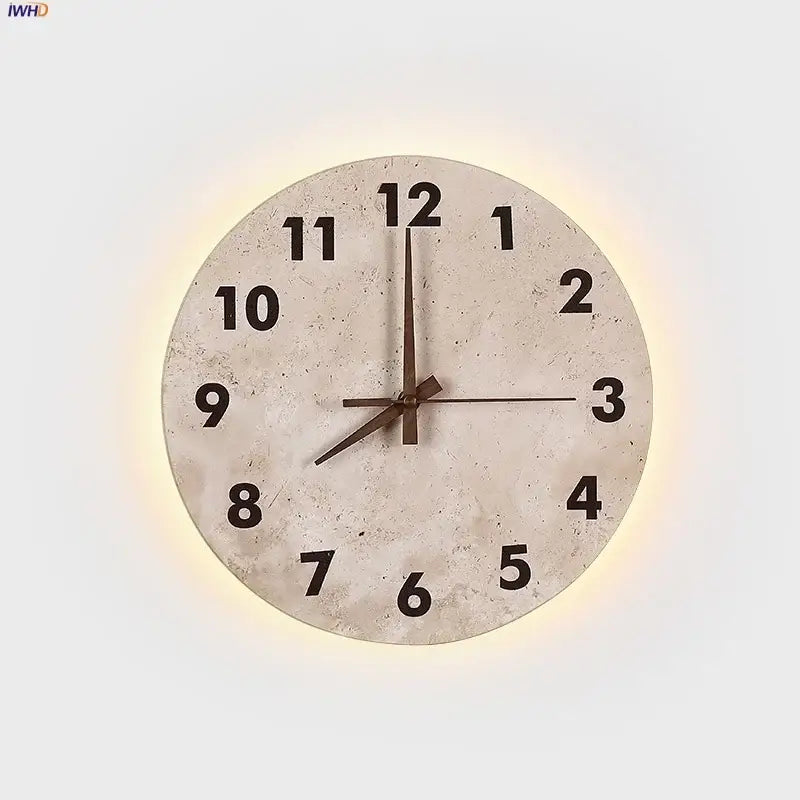 DecorBites™ LED stone clock wall lamp sconce with rounded concrete clock wall lamp and warm yellow backlight