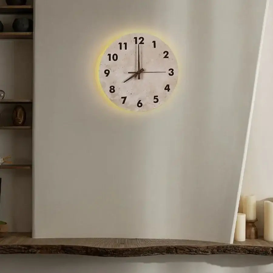 Decorbites™ led stone clock wall lamp sconce with a round illuminated white face and black numerals modern nordic design