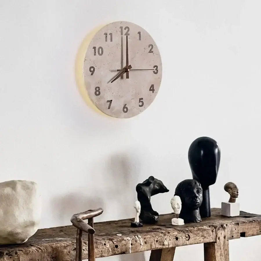 Decorbites™ led stone clock wall lamp sconce with light beige concrete face and minimalist black numerals for bathroom use