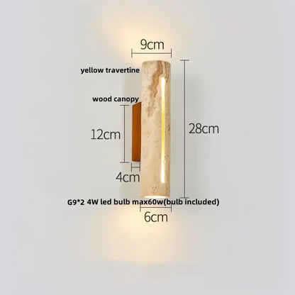 Decorbites™ led stone clock wall lamp sconce with yellow travertine cylinder and wooden canopy for modern wall lamp use