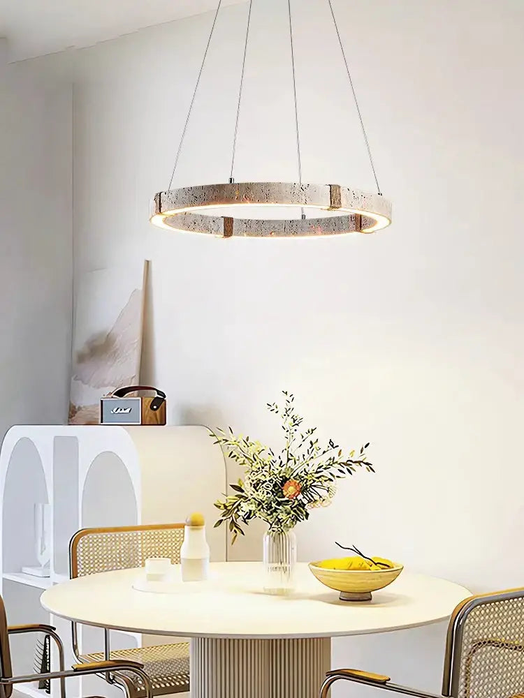 Decorbites led stone ring chandelier with textured rustic concrete finish and warm ambient glow for living and dining room