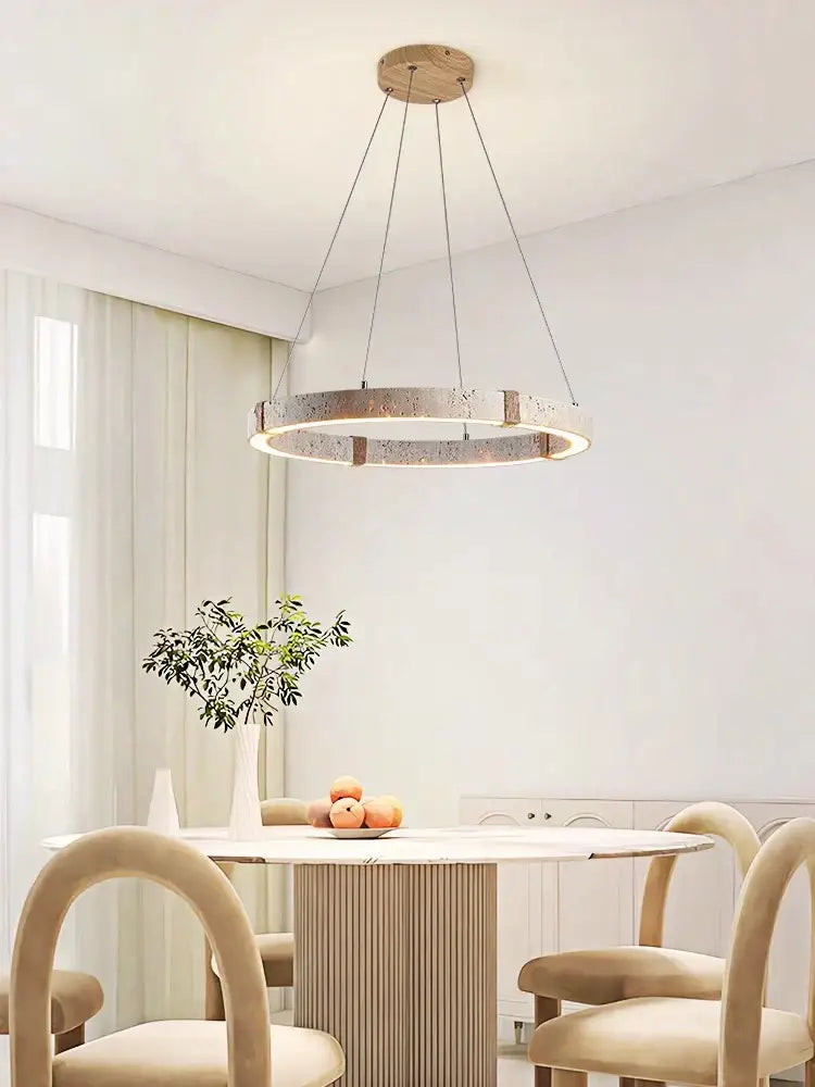 Modern circular decorbites led stone ring chandelier with textured metallic finish and wooden ceiling mount for living room