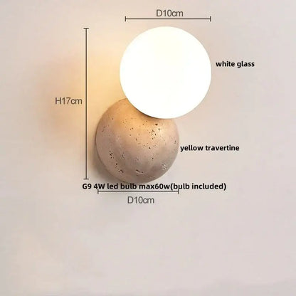 Modern two-tiered DecorBites LED stone wall lamp with white glass upper sphere and yellow travertine base for home decor