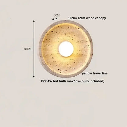 Circular yellow travertine decorbites led stone wall lamp with wooden canopy and e27 led bulb for modern home decor