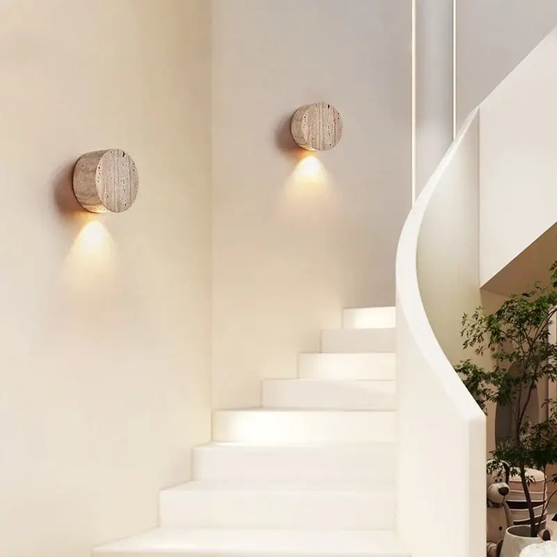 Circular wooden decorbites led stone wall lamp sconce with natural textured finish for modern living room use