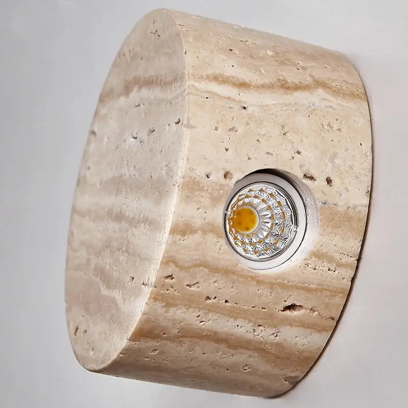 Beige travertine decorbites led stone wall lamp with circular recess and led bulb for modern living room decor
