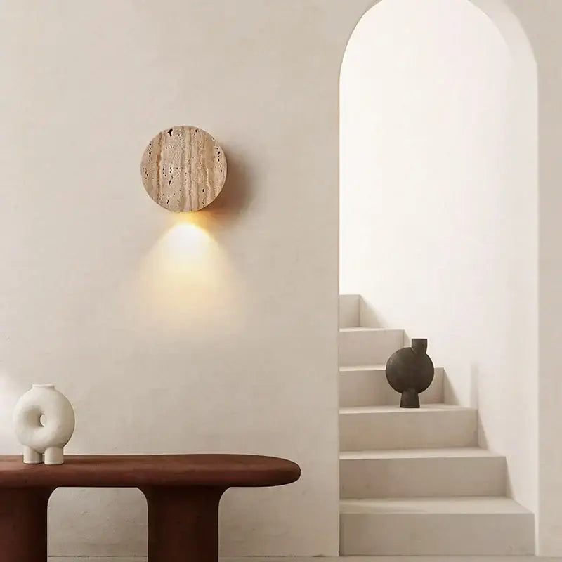 Circular stone wall sconce with warm glowing light from decorbites led stone wall lamp, modern nordic design for living room