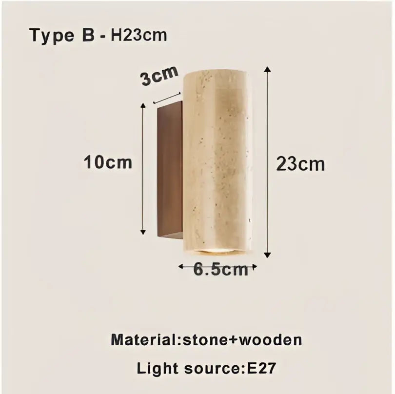 DecorBites led stone wall sconce beige speckled stone and wood cylindrical design with e27 light source 23cm height