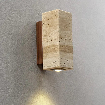 Beige decorbites led stone wall sconce with wooden backplate and recessed led light for retro home decor