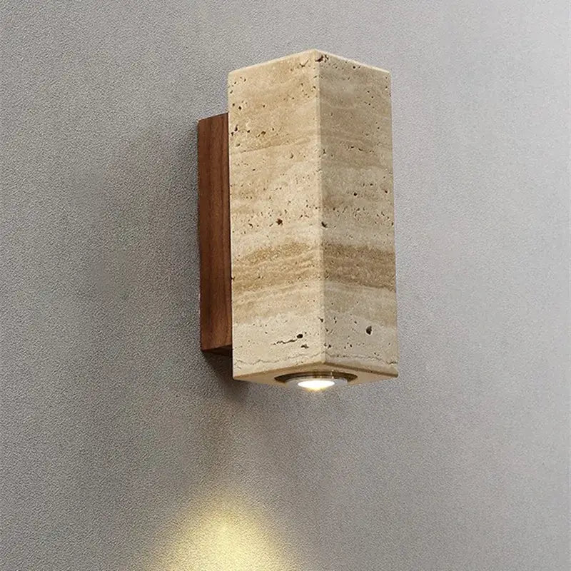 Beige decorbites led stone wall sconce with wooden backplate and recessed led light for retro home decor
