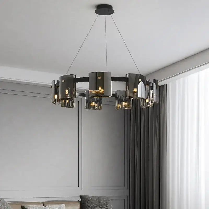 Modern black and smoked glass DecorBites LED straight line ceiling chandelier with cylindrical shades for living room