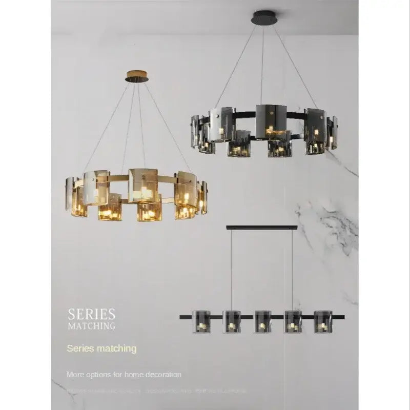 Modern minimalist decorbites led straight line ceiling chandelier with amber and smoked gray glass shades on black metal frame
