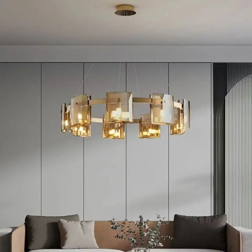 Decorbites led straight line ceiling chandelier with modern gold-toned geometric glass shades and sleek metallic frame