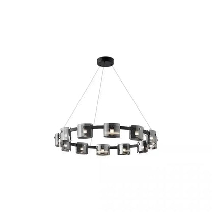 Modern black circular DecorBites LED straight line ceiling chandelier with sleek metallic arms and frosted glass shades