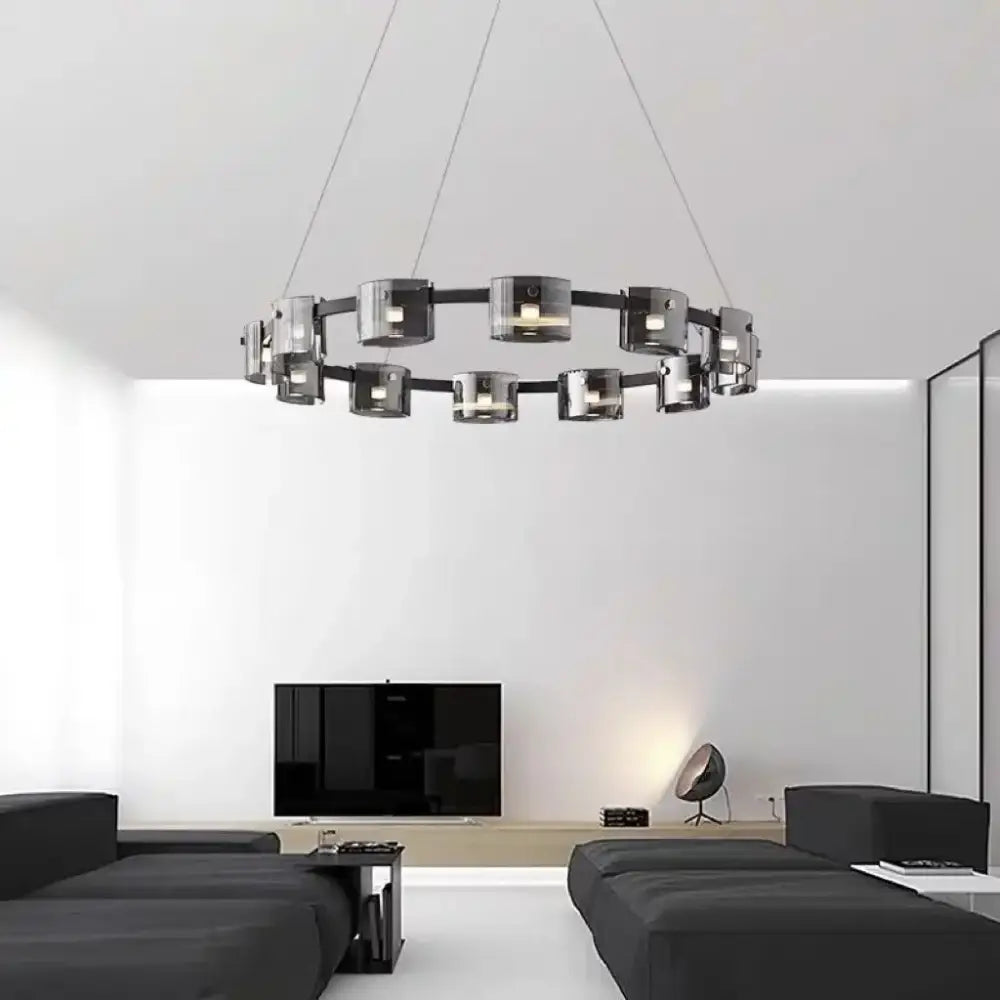 Modern circular ceiling chandelier by DecorBites led straight with sleek black metal frame and translucent glass cylinders