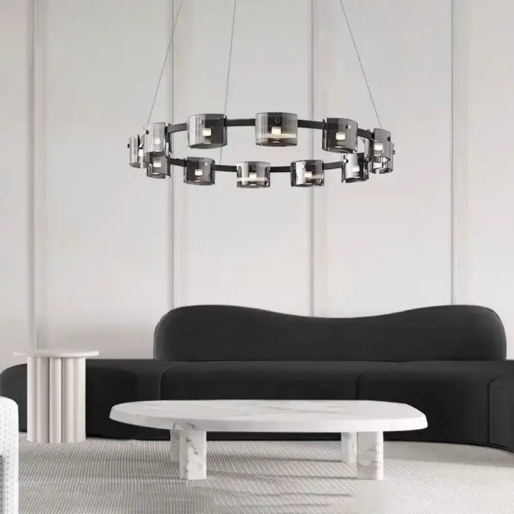 Modern black circular ceiling chandelier with sleek metallic finish and glass accents by decorbites led straight line