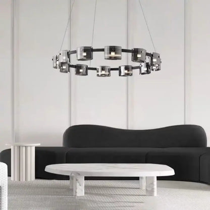 Modern black circular ceiling chandelier with sleek metallic finish and glass accents by decorbites led straight line