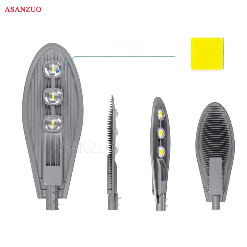 Gray asanzuo led street light with three circular bulbs and ribbed housing in decorbites led street light for outdoor use