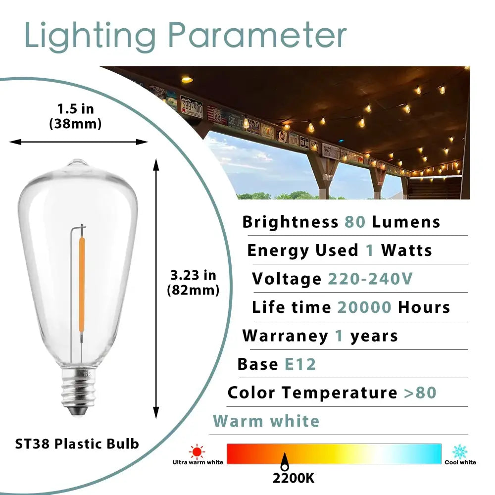Clear glass decorbites led string light bulb st38 plastic with warm white filament for vintage-style lighting