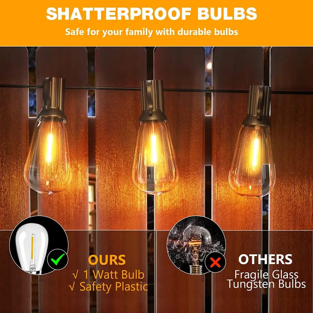 Three amber-tinted vintage decorbites led string light bulbs with shatterproof plastic hang against wooden fencing