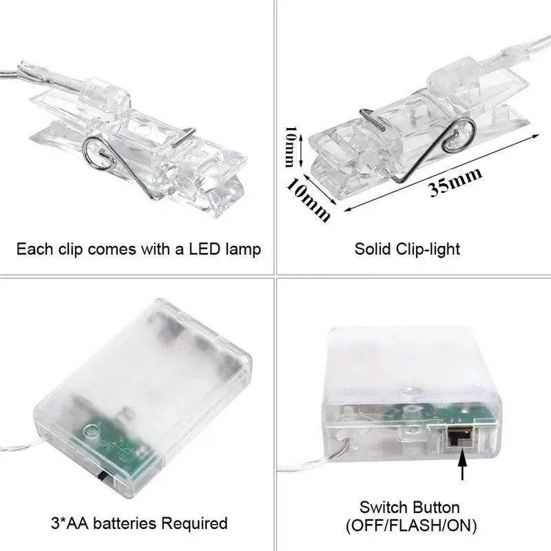 Clear plastic decorbites led string clip lights with integrated led lamps and switch button for christmas decoration